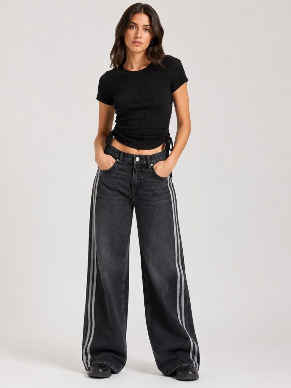 Originality Black Ribbed Ruched Side Drawstring Top | Size Small - Picture 6 of 6